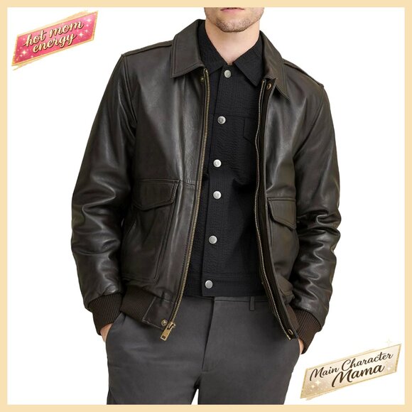 Men's Genuine Leather Bomber Jacket Aviator Style Long Sleeve